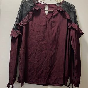 Maurices Maroon/ Plum Long Sleeve Lace Shoulder Ruffled Blouse Large